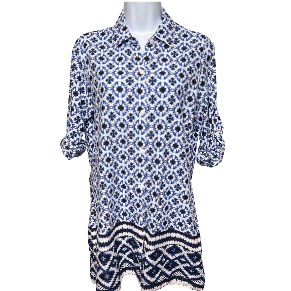 TOMMY BAHAMA Blue Cotton Geometric Button Up Tunic Blouse S Beachy Mediterranean